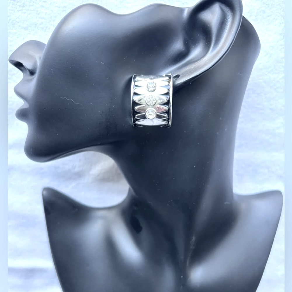 Silvertone Clip-On Cuffed Earrings with Rhinestones